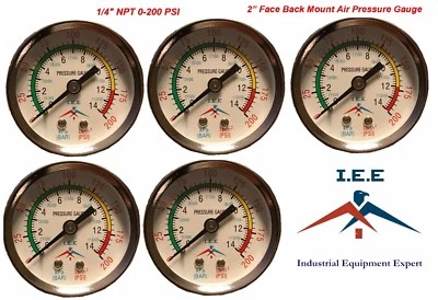 New 5 Pack 1/4" 200 PSI Air Compressor Pressure/Hydraulic Gauge Back Mount Gauge - Image 1 of 4