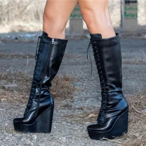 Women Knee High Boots Platform Wedges Leather Lace Up Height Increase Tall Shoes - Picture 1 of 10