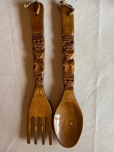 Vintage Tiki Totem Fork and Spoon Wall Decor Carved Wood 14” MCM Luau Salad - Picture 1 of 4