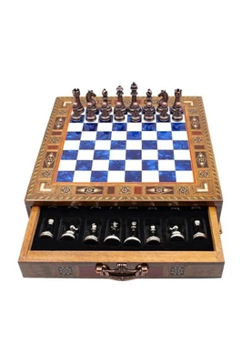 Juego de ajedrez de madera hecho a mano con cajón | Tablero azul de 12,6" | Caja de almacenamiento con incrustaciones Foto 1 de 4