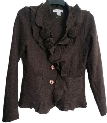 Susan Bristol Wool Cardigan Blazer Brown Rose Ruffle Womens S  Pockets Victorian - Image 1 of 4