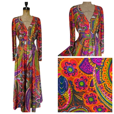 OOAK Quality Handmade 60s 70's Psychedelic Maxi Dress & belt Sz M to L - Image 1 of 4
