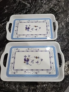  Floral Melamine Serving Trays Set of 2 Blue / Purple Small  12"x8" - Picture 1 of 5