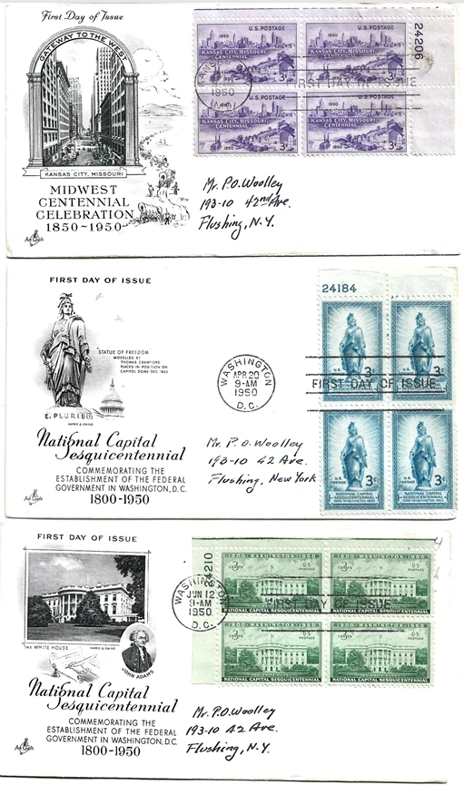 1950 FDC 3ct Plate Block/4 White House/Capital/Midwest Centennial - Artcraft - Image 1 of 1