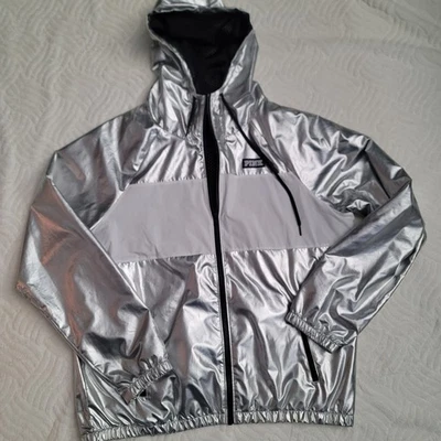 Chaqueta con Capucha Victoria's Secret "Rosa" Plateada Metálica Frontal Cremallera Talla M Foto 1 de 4