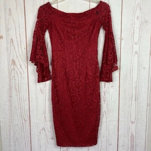 Premier Amour Size 2 Red Floral Lace Bell Sleeve Off-The-Shoulder Dress Stretch - Picture 1 of 12