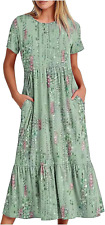 Summer Dresses Women 2024 Casual Short Sleeve Boho Flowy Sundress Crewneck Flora