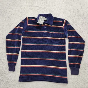Vintage Le Tigre Polo Shirt Mens Small Blue Stripe Velour Long Sleeve Golf 80s - Picture 1 of 12