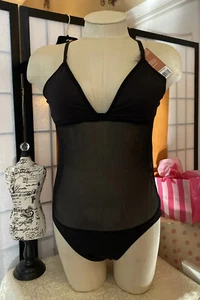 Capezio NWT Sexy Blk Plunge Neck Mesh Midriff Leotard Body Suit Women L - Picture 1 of 9
