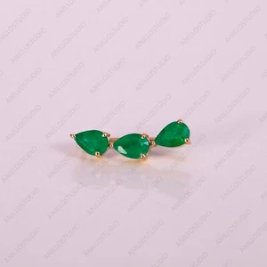 Daughters Day Deal Natural Emerald 14K Yellow Gold Climber Hook Trio Earrings - Picture 1 of 9