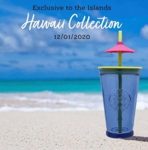 Vaso de vidrio grande Starbucks Hawaii Collection 16 oz con paraguas de paja rosa azul - Imagen 1 de 2