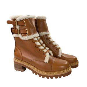 See By Chloe Mallory Lace Leather Combat Biker Boots Womens US 8.5 - EU 38.5 Tan - Picture 1 of 10
