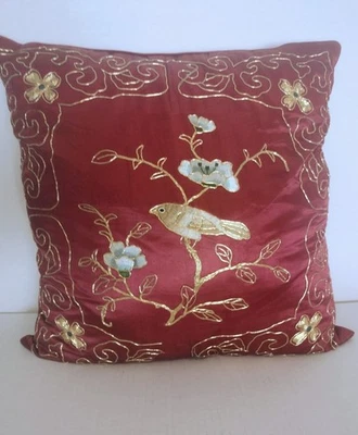 Vintage Asian Silk Embroidered Pillow Cover 15” Beautiful Artistry ~ Gold  - Image 1 of 4