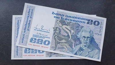 2* IRLANDA 20 libras 1987, P-73c; 18.11.87, aUNC, par Foto 1 de 4