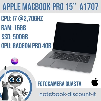 APPLE MacBook Pro 15" A1707 Cpu i7  Ram 16Gb SSD 500Gb Radeon Pro 4Gb  NO WEBCAM - Imagen 1 de 4