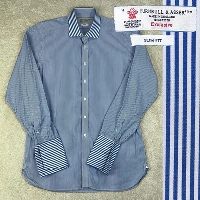 Turnbull & Asser England Exclusive Slim Fit Blue White Striped French Cuff Shirt - Image 1 of 4