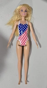 2019 BARBIE doll with Molded US Flag SWIMSUIT beach American blonde Patriotic - Picture 1 of 6
