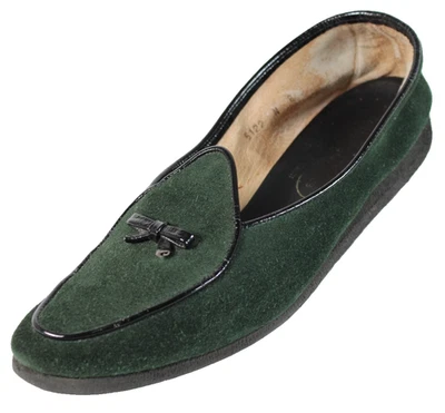 БЕЛЬГИЙСКИЕ ТУФЛИ винтажные лесные зеленые замшевые черные лакированная отделка мокасины плоские 8 - Изображение 1 из 4
