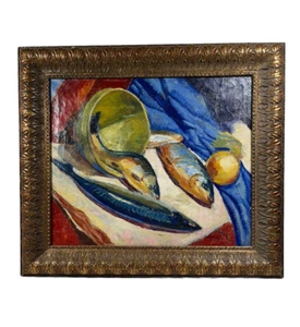 WALTER MAZESKI ANTIQUE FISH STILL LIFE VINTAGE ORIGINAL ON CANVAS OIL PAINTING - Picture 1 of 23