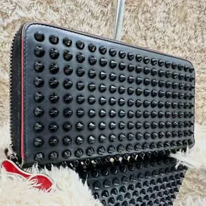 CHRISTIAN LOUBOUTIN Panettone Studs Zip Around Long Wallet Leather Black x Red - Picture 1 of 9