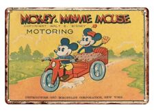 old  s 1930 MICKEY MINNIE MOUSE MOTORING WIND-UP TOY metal tin sign