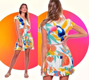 Z&L EUROPE Dress Medium Tassel Tie Lace Trim Tiered Mini Tucan Print V Neck - Bild 1 von 11