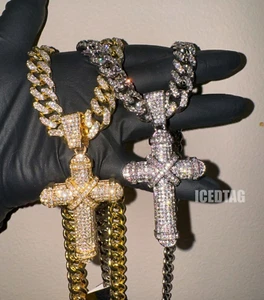 Iced Bling Out Cross Pendant, 24" Iced Cubic Zirconia Chain Hip Hop Necklace Men - Picture 1 of 12