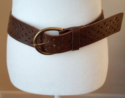 Caramelos Cuero Genuino Cinturón Ancho Hebilla Latón M 32-36 Diseño Corte Láser Marrón EC Foto 1 de 4