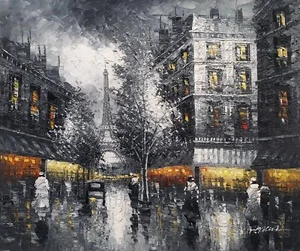 Paris Street B/W- #20, 20x24, 100% hand Painted Oil Painting on Canvas - Bild 1 von 6
