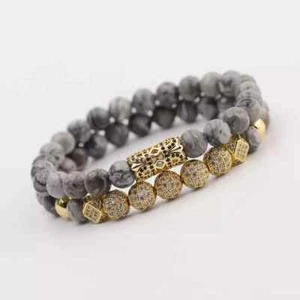 2024 Luxury Micro Pave CZ Ball Crown Charm Bracelets Men Jewelry Landscape Stone - Picture 1 of 9