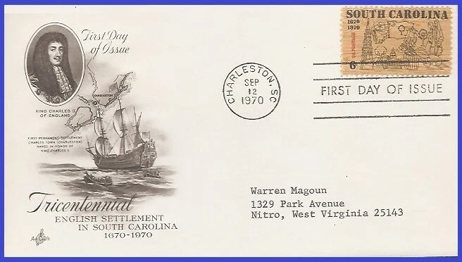 USA3 #1407 ADDR ARTCRAFT FDC   South Carolina Tercentenary - Image 1 of 1