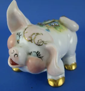 Pig Piggy Bank Coins Porcelain Flowers Crystals Raised Ear - Picture 1 of 4