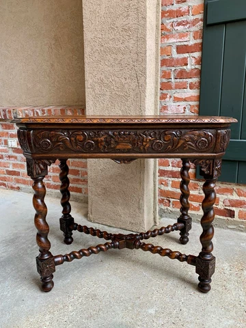 Antique French TABLE BARLEY TWIST Carved Oak Center Hall Sofa Renaissance Cover