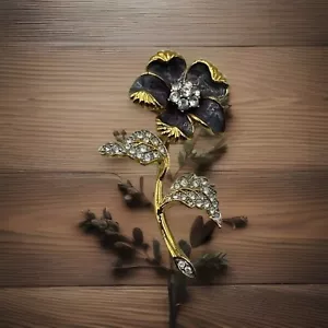 Nolan Miller Floral Gold Tone Rhinestone Guilloche Enamel Vintage Pin Brooch - Picture 1 of 5