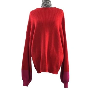 Line And Dot Red Ribbed Knit Sweater Womens XL Pullover Pink Balloon Sleeve - Picture 1 of 12