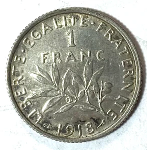 1918 France One Frannc Silver Coin KM# 844.1 - Picture 1 of 2