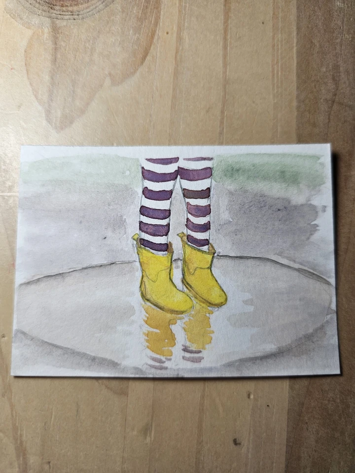 ACEO art card Watercolor Rubber Boots Puddle Rain Mini 2.5x3.5 Sarah Hinzpeter - Image 1 of 1