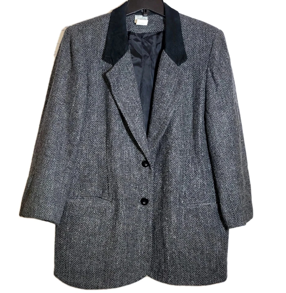 Blazer Jaclyn Smith Clásico Espiga Gris Carbón Talla 14 Cuello Contraste  Foto 1 de 4