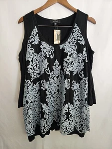 Top Karen Kane taglie forti 2X nero spalle fredde blu pizzo overlay made in USA - Foto 1 di 7