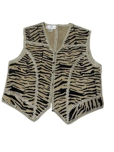 Lisa International Tan Black Animal Print Suede Crochet Vest Sz PL EUC - Picture 1 of 6