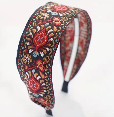 Brown Red Floral Embroidered Ribbon Headband Bohemian Festival Hair Accessory - Image 1 of 4
