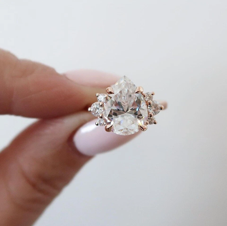 10k Solid Rose Gold 2.2 Ct Colorless Pear Cut Moissanite Cluster Engagement Ring - Image 1 of 4