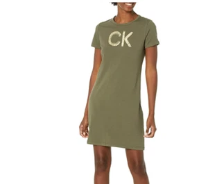 CALVIN KLEIN Relaxed Short Sleeve Midi Logo T-Shirt Dress Olive Size S - Picture 1 of 4