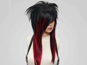 Emo Scene Wig in Black & Red, Layer Shag Wig with Side Bangs, Punk Rocker Wig - Picture 1 of 7