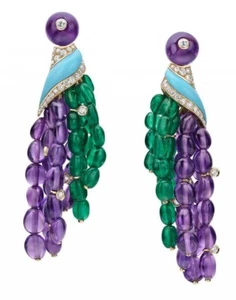 Syn Emerald & Amethyst Tassel Earring 925 Sterling Silver Royal Handmade Jewelry - Picture 1 of 7