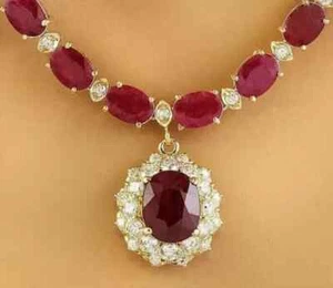 14CTOval Cut Lab-Created Red Ruby Women'sTennis Necklace14K Yell Gold Plated 18" - Picture 1 of 4