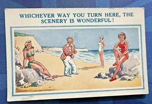Saucy Super Comic Postcard 1940s Bathing Beauty THE SCENERY IS WONDERFUL - Picture 1 of 2