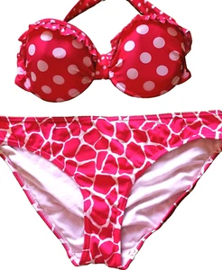 M&S/F&F 36D/18 Red Mix Polka Dot/Giraffe Print U/W Padded Halterneck Bikini Set - Imagen 1 de 5