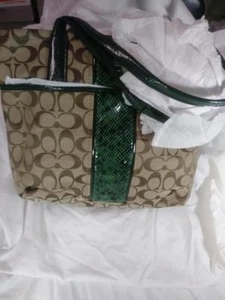 NWT Coach Signature Stripe Python Purse Tote Khaki/Green F25706 - Picture 1 of 6