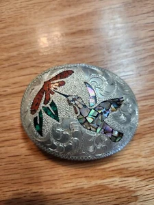 Silver Plated Inlaid Turquoise Hummingbird & Flower Belt Buckle Vintage - Picture 1 of 4